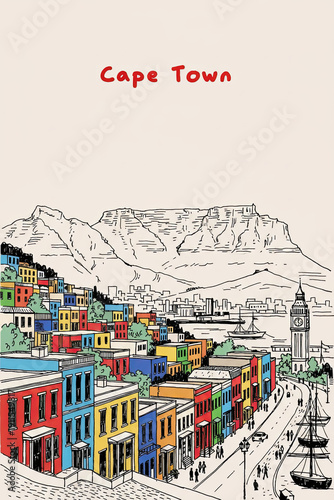 Cape Town, South Africa Pen Line Art Illustration of City Landmark and Travel Scene