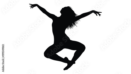 A silhouette of a dancer in mid-jump with arms outstretched and legs bent. Vector