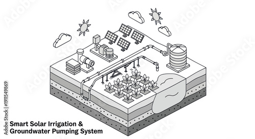 Smart Solar Irrigation System Diagram Illustration.