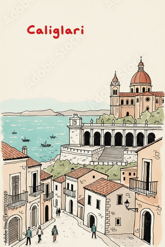 Cagliari, Italy Pen Line Art Illustration of City Landmark and Travel Scene