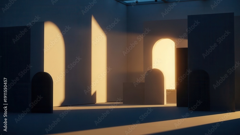 Fototapeta premium Minimalist and tranquil architectural interior space featuring smooth white geometric walls and elegant arched cutouts, dramatically illuminated by warm golden hour sunlight casting stark, elongated