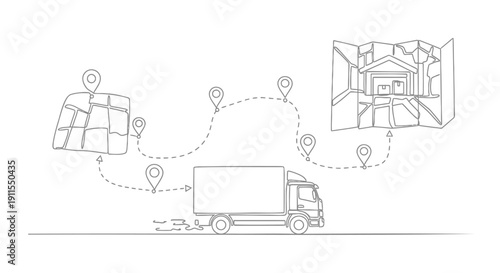 Vector illustration of a delivery truck with a route map and cityscape, isolated on transparent background