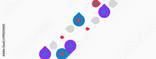 Abstract colorful shapes scattered across white background. Minimalist design, simple forms, modern aesthetic. Dots, blobs, purple hues dominate.