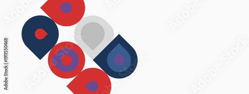 Abstract design features overlapping colorful shapes. Red, blue, gray elements create dynamic composition. Minimalist aesthetic, modern style.