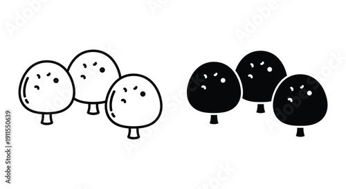 Three cute cartoon snowmen with coal eyes and buttons standing in winter scene minimalist illustration