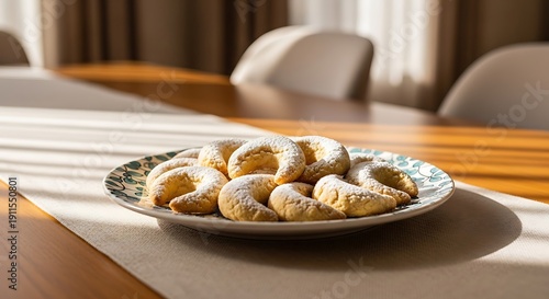 Crescent shaped butter cookies dusted with powdered sugar on decorative ceramic plate indoors