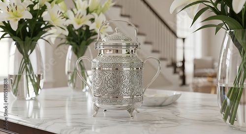Ornate silver engraved tea canister on marble counter surrounded by fresh white lily flowers