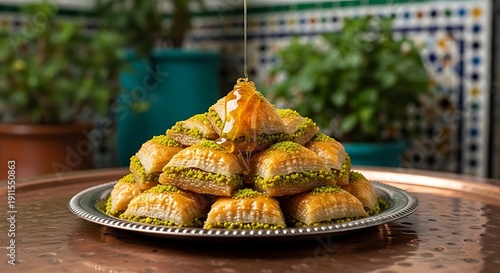 Baklava sweet pastry with pistachio and honey served on traditional silver plate for ramadan