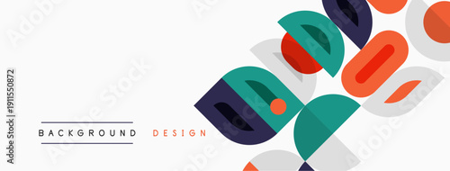 Abstract geometric shapes overlap, creating modern design. Colors include red, teal, orange, gray, white. Minimalist aesthetic.