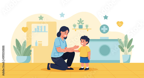 Illustration of Consultation with a Pediatrician. Doctor Talking to a Mother and Child in a Clinic for Health Advice