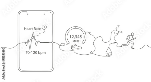 Vector illustration of a smartphone displaying heart rate and steps data connected to a stylized human silhouette with a heartbeat line, isolated on transparent background