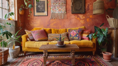 Warm Bohemian Living Room with Yellow Sofa and Colorful Ethnic Decor