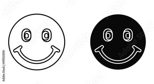 Simple smiley face icons set black and white line art vector illustration happy emotion symbols isolated