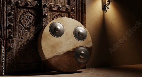 Traditional arabian daf drum leaning against an ornate wooden door casting shadows in soft light