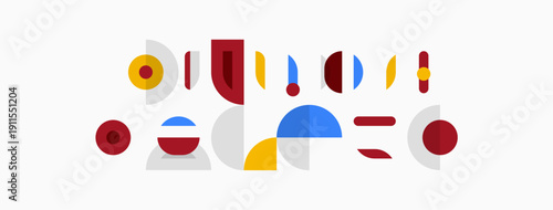 Abstract shapes, vibrant colors, minimalist design. Composition features circles, lines, forms, suggesting stylized figures or objects.