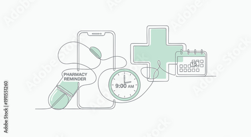 Vector illustration of medical appointment reminder on phone with pill, clock and calendar icons