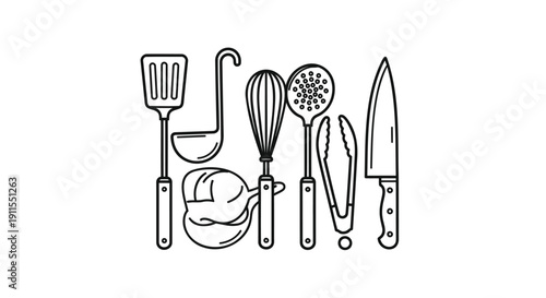 Vector illustration of kitchen utensils including spatula, whisk, peeler and knife isolated on transparent background