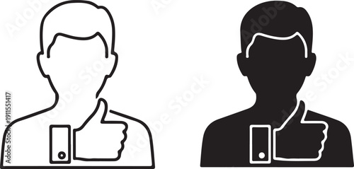 Male user avatar icons showing a thumbs up gesture in outline and solid black styles. isolated on white background, illustration