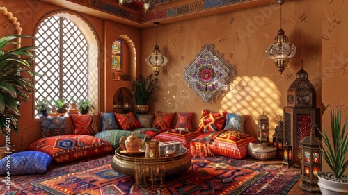 Luxurious Moroccan Living Room with Floor Cushions and Ornate Lanterns