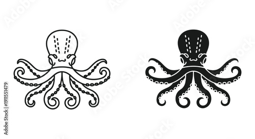 Cute cartoon octopus doodle illustration black and white line art vector for kids design and educational print
