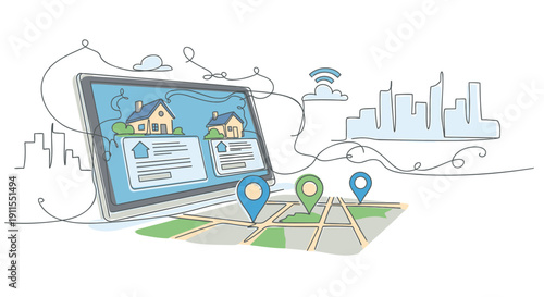 Vector illustration of a laptop displaying a house hunting website with map and location pins, cityscape in background