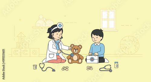 Cute baby girl in doctor costume pointing finger. Flat vector illustration in simple child style on white background