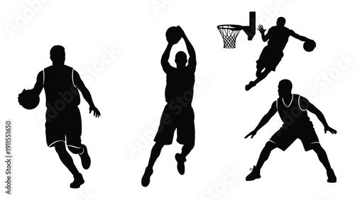 Four silhouettes of basketball players in dynamic action poses Vector