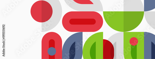 Abstract geometric shapes overlap, creating colorful pattern. Red, green, blue dominate design. Simple forms suggest playful composition.