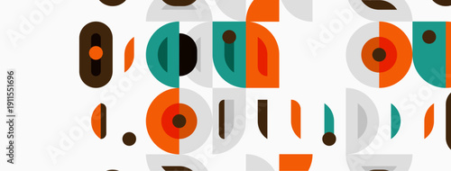 Abstract geometric pattern. Circles, rectangles, lines create midcentury modern aesthetic. Warm colors dominate design.