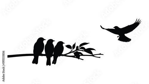 Silhouettes of birds perched on a branch and one in flight Vector