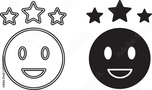 Happy smiley face with three stars above head in outline and solid black icon styles isolated on white background, illustration