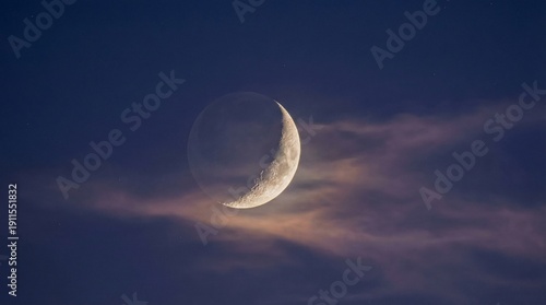 Crescent moon glowing in night sky with soft clouds  