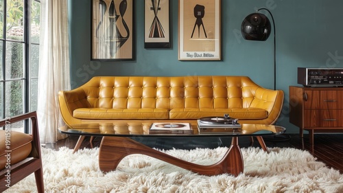 Vibrant Mid-Century Living Room with Yellow Sofa and Eclectic Decor