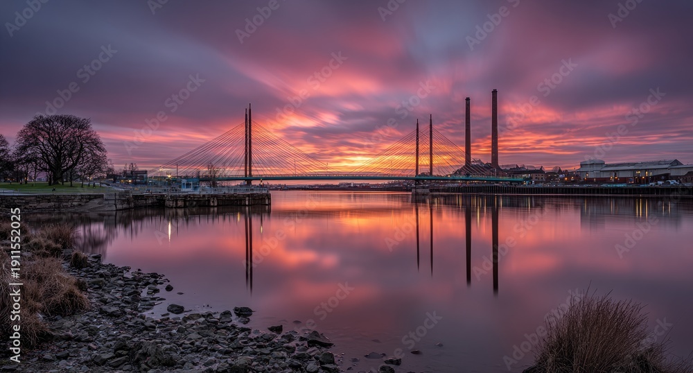 Fototapeta premium Sunrise over a city river, bridge reflection