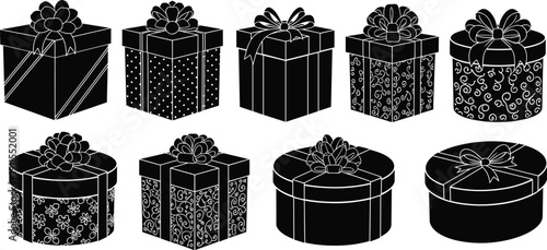 Collection of eight black and white gift boxes with bows and decorative patterns