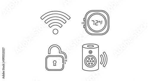 Vector icons of smartwatch, wireless signal, padlock, and smart speaker on transparent background