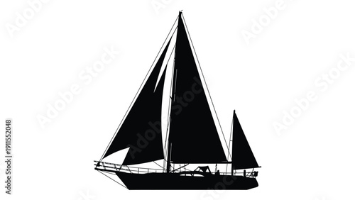 A majestic black and white sailboat gliding across the water under a clear sky Vector
