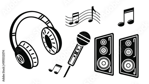 Audio Headphones and Sound Wave Icon Set Black Silhouette Vector Collection