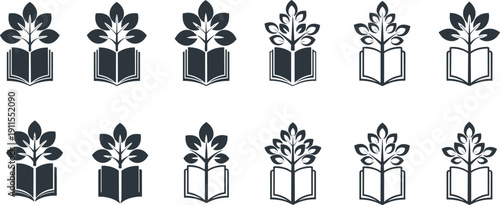Collection of dark grey depicting an open book with a growing plant and leaves emerging from its pages