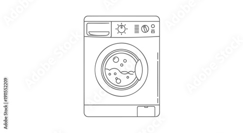 Vector illustration of a front-loading washing machine with detergent and clothes inside, isolated on transparent background