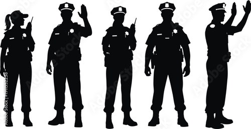 Group of diverse police officers and law enforcement professionals in uniform silhouettes standing together, using walkie-talkies and hand signals for security and protection.