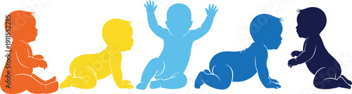 Colorful vector silhouettes of cute babies in various stages of development like sitting, crawling, and playing isolated on white background for childcare concepts.