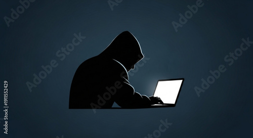 Silhouette of a hooded person using a laptop in a dark room with a glowing screen