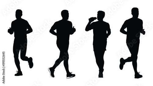 Four silhouettes of runners in various dynamic poses and positions Vector