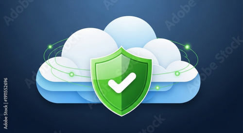 Cloud storage security concept with green shield and checkmark on blue cloud background for data protection