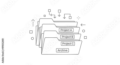Vector illustration of a stack of labeled file folders with arrows and icons floating around