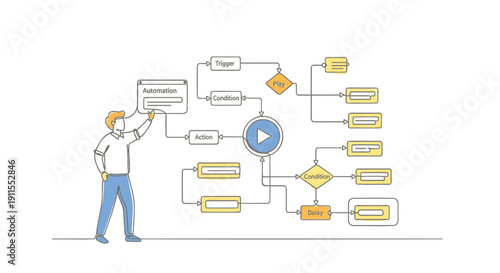Businessman interacting with a complex flowchart diagram vector illustration