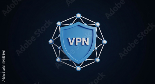 Vpn shield icon with network connections on dark background symbolizing online security and privacy protection