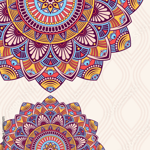 Invitation graphic card with mandalas. Vintage decorative elements. Applicable for covers, posters, flyers, banners. Arabic, islam, indian, turkish, chinese, ottoman motifs. Color vector illustration.
