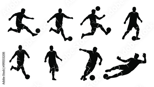 Silhouettes of soccer players in various action poses and positions Vector